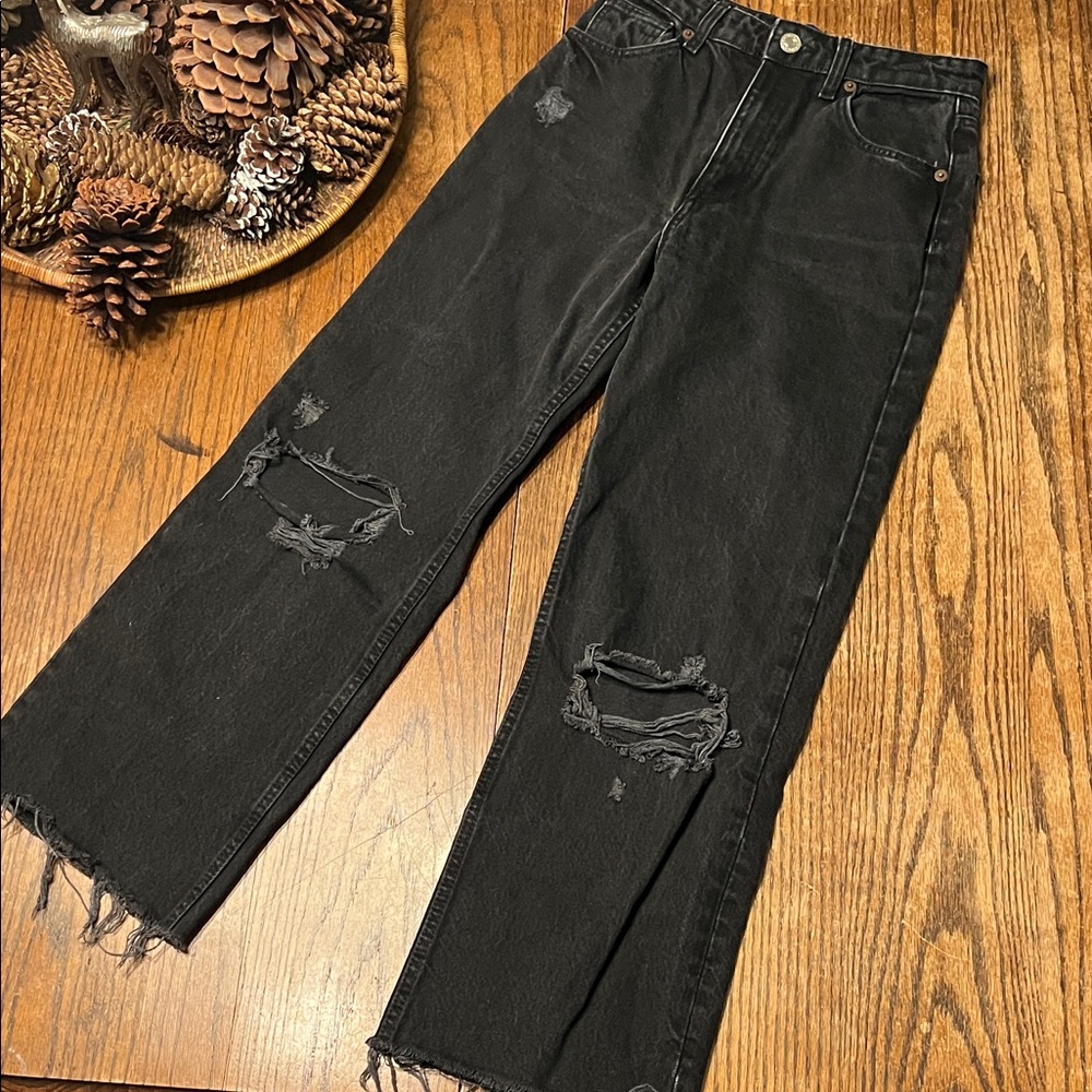 Zara Black Distressed Wide Leg Jeans